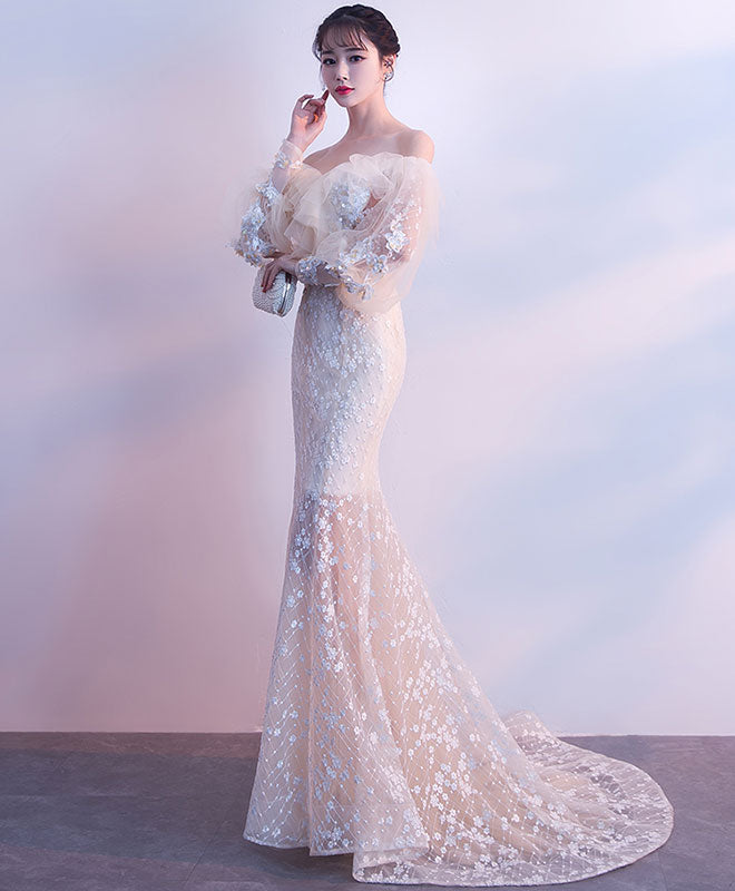 Champagne Tulle Lace Mermaid Long Prom Dress, Tulle Lace Evening Dress