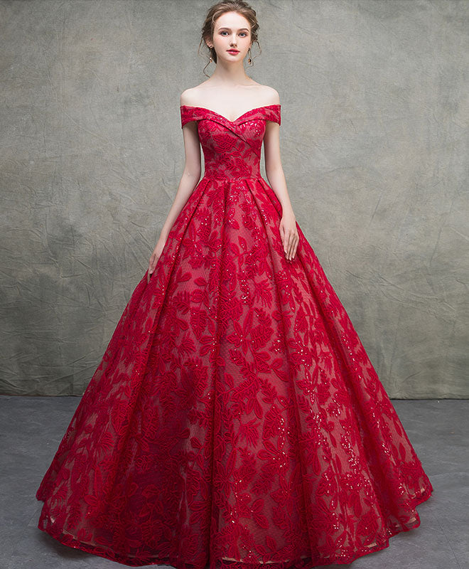 Burgundy Off Shoulder Lace Long Prom Dress, Burgundy Lace Long Evening Dress