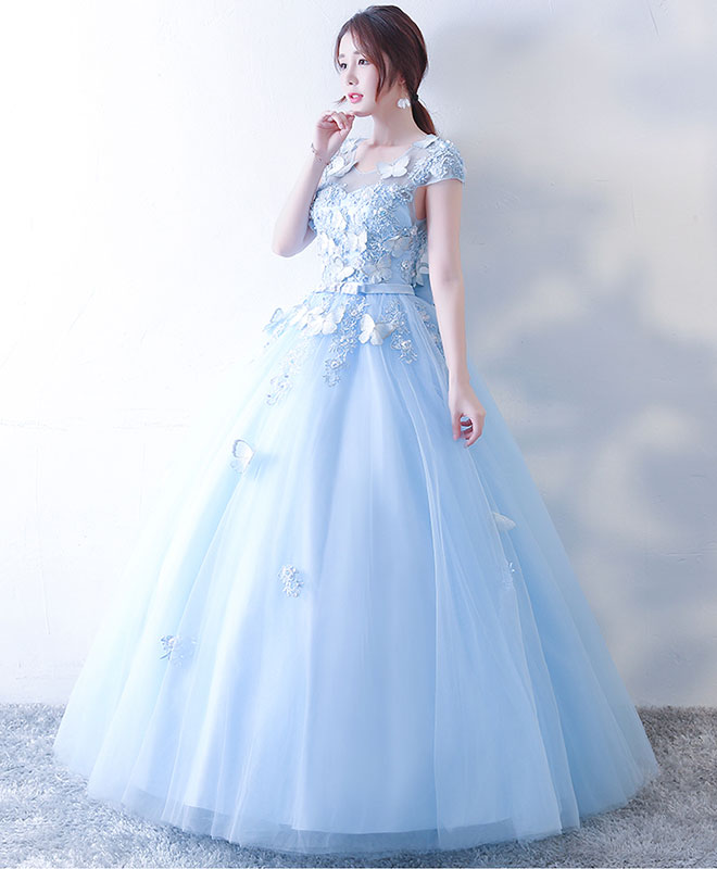 Blue Tulle Lace Long Prom Dress, Blue Sweet 16 Dress