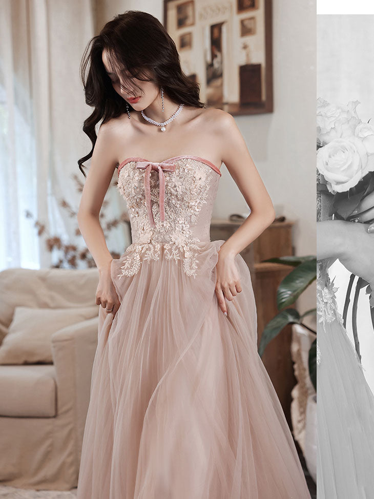 Champagne Tulle Lace Long Prom Dress, Champagne Evening Dress