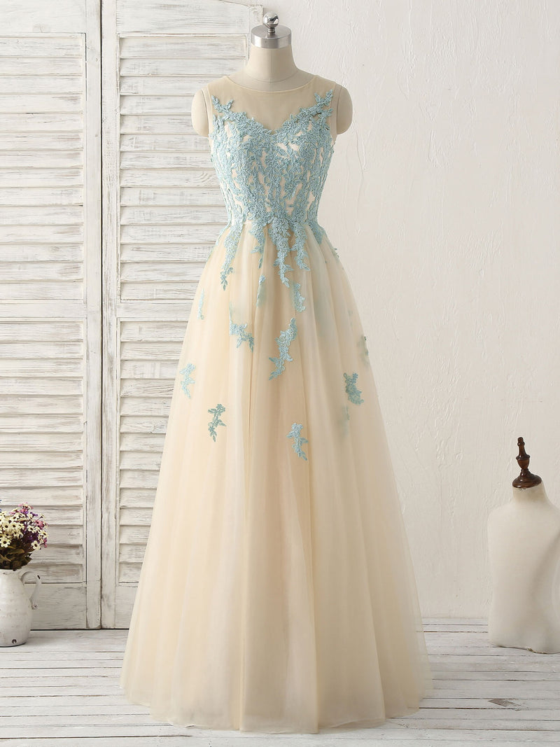 Cute Champagne Lace Long Prom Dress, A Line Tulle Bridesmaid Dress – shopluu
