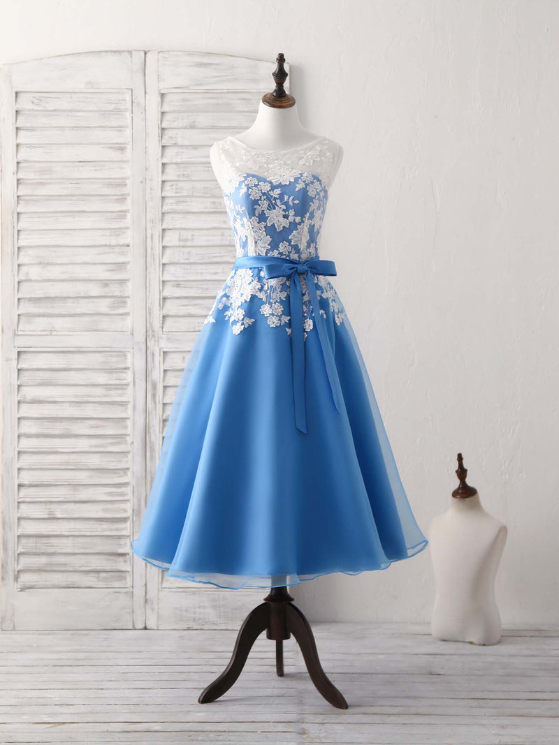 Blue Round Neck Tulle Lace Applique Tea Long Prom Dress, Bridesmaid Dress US 4 / Blue Blue Round Neck Tulle Lace Applique Tea Long Prom Dress, Bridesmaid Dress US 4 / Blue