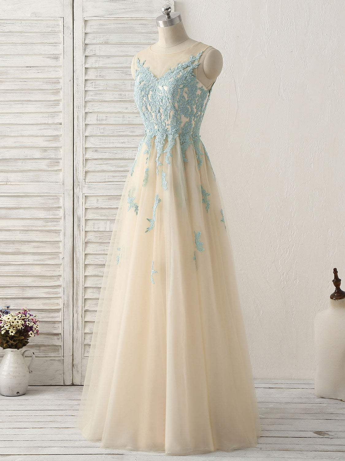 Cute Champagne Lace Long Prom Dress, A Line Tulle Bridesmaid Dress