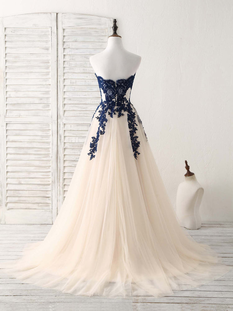 A-Line Sweetheart Tulle Lace Applique Long Prom Dress, Bridesmaid Dress Custom Size / Champagne A-Line Sweetheart Tulle Lace Applique Long Prom Dress, Bridesmaid Dress Custom Size / Champagne
