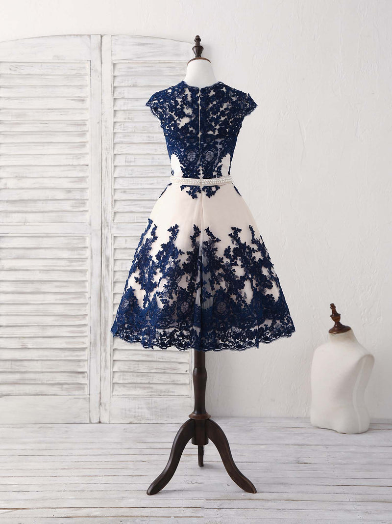 navy lace bridesmaid dresses short Dark Blue Lace Tulle Short Prom Dress Blue Bridesmaid Dress US 6 / Dark Blue (As Picture)