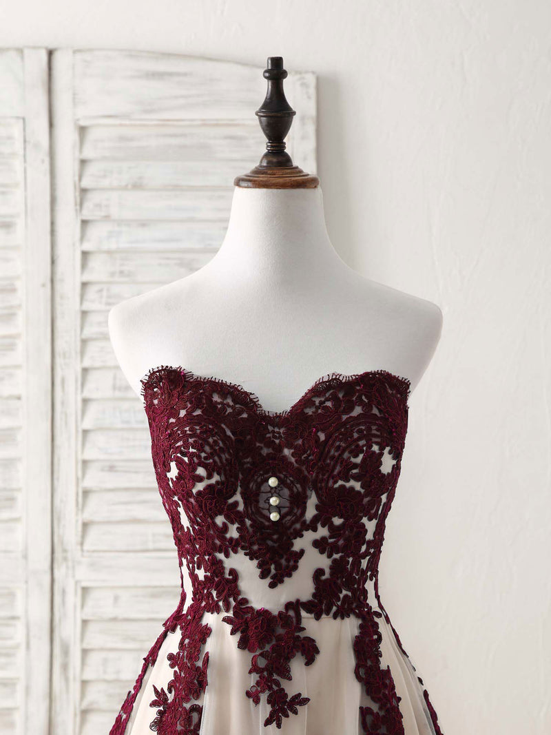 burgundy dress bridesmaid A-Line Sweetheart Tulle Lace Applique Burgundy Long Prom Dress, Bridesmaid Dress US 4 / Custom Color
