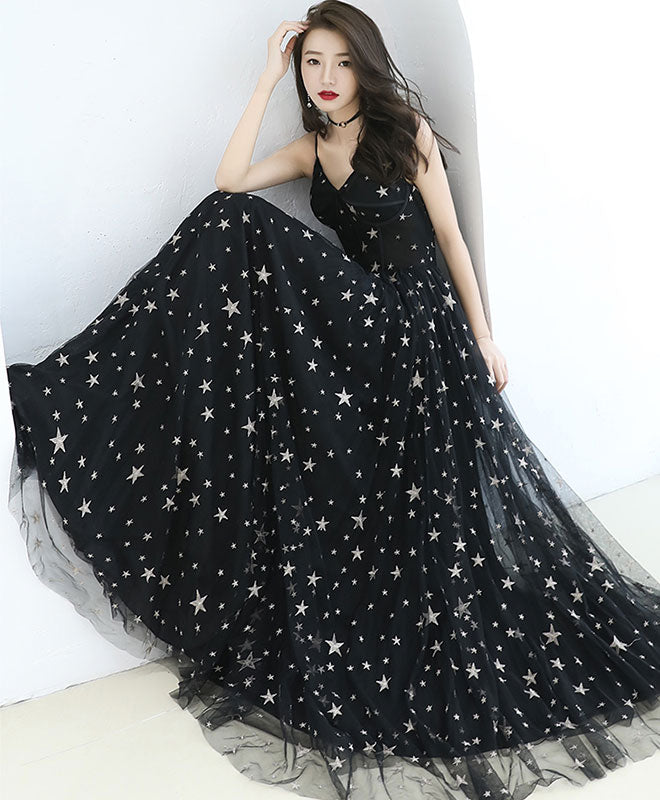 Black V Neck Tulle Long Prom Dress, Black Evening Dress