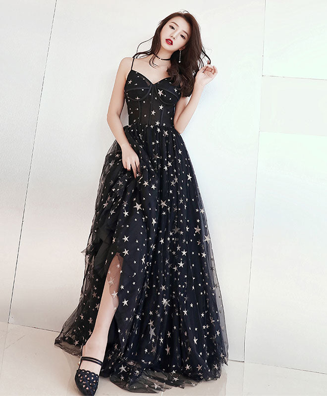 Black V Neck Tulle Long Prom Dress, Black Evening Dress