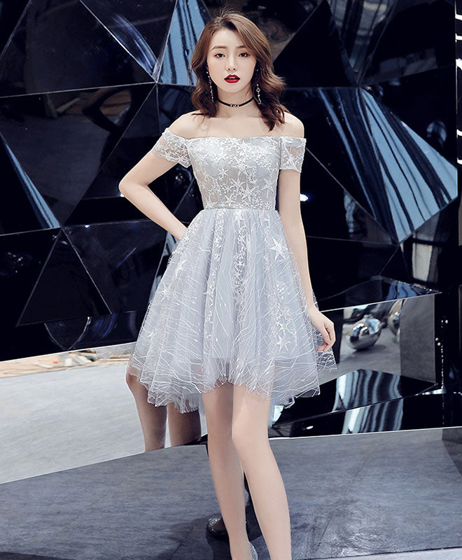 Gray Tulle Lace Off Shoulder Short Prom Dress, Gray Tulle Evening Dress