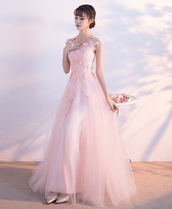 Pink Round Neck Tulle Lace Long Prom Dress, Pink Tulle Evening Dress