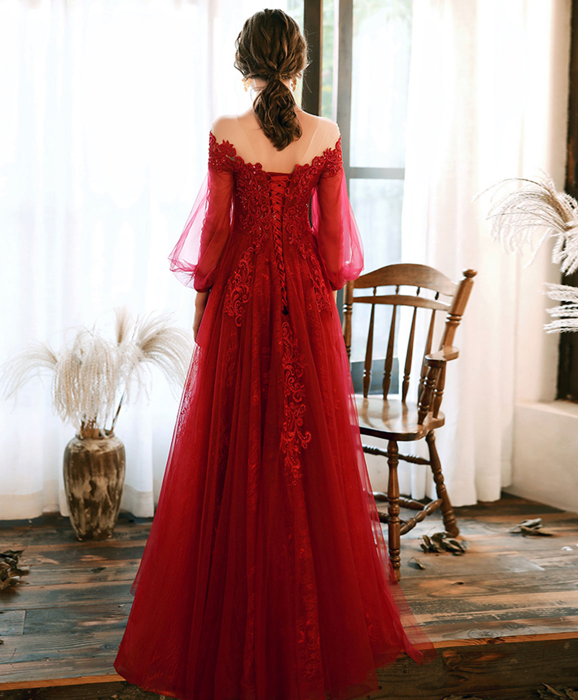 Burgundy Round Neck Tulle Beads Long Prom Dress Burgundy Evening Dress