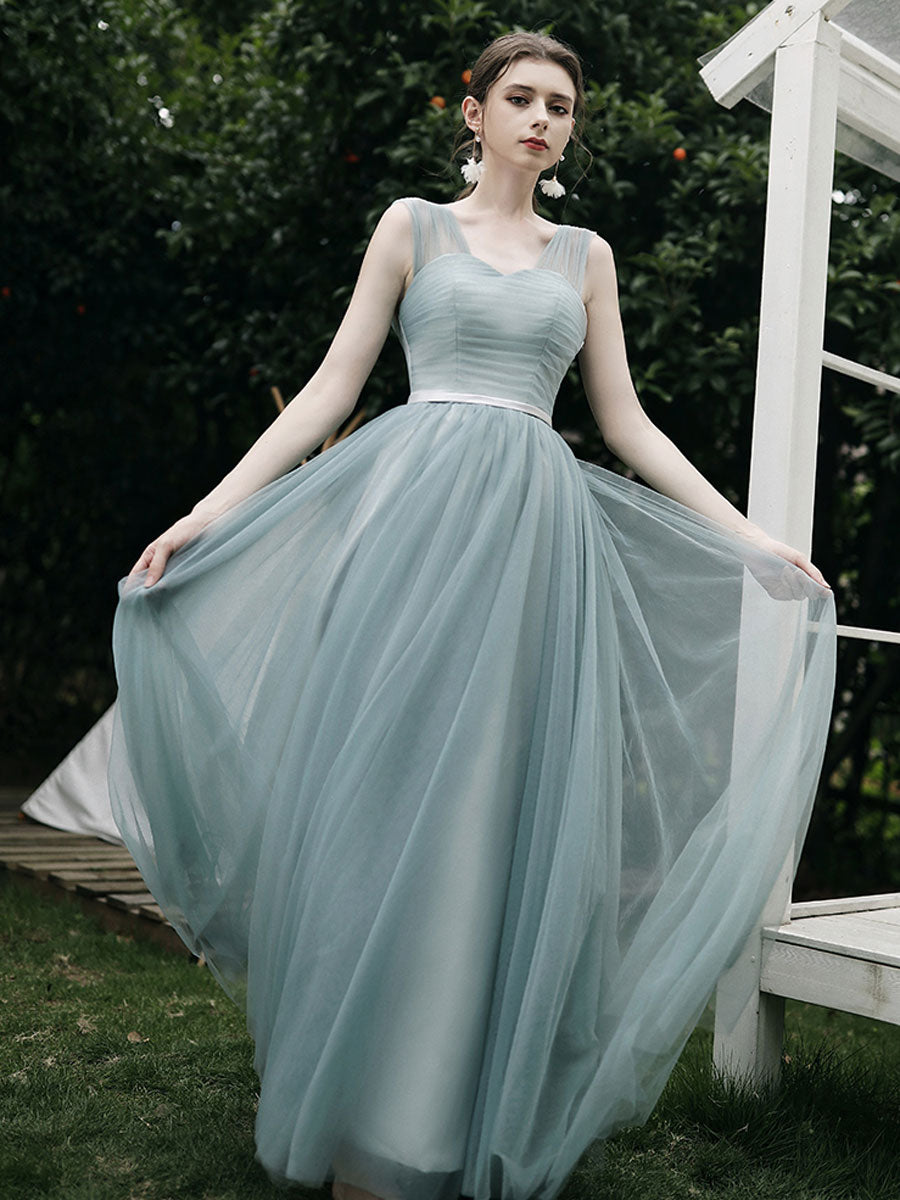 Simple A line Green Tulle Long Prom Dress, Green Tulle Bridesmaid Dresses