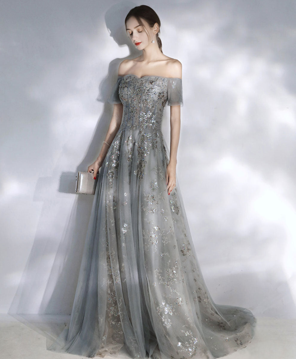 Gray Tulle Sequin Long Prom Dress Tulle Formal Dress