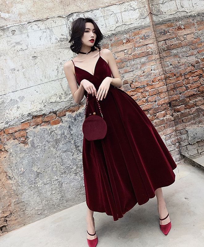 Simple Burgundy Tea Length Prom Dress, Burgundy Bridesmaid Dress