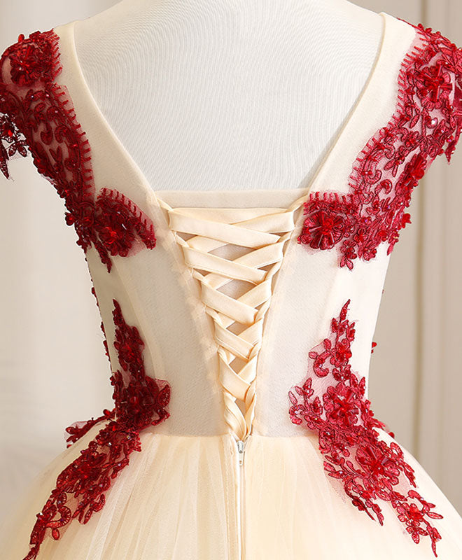 Burgundy Tulle Beads Lace Long Prom Dress Sweet 16 Dress