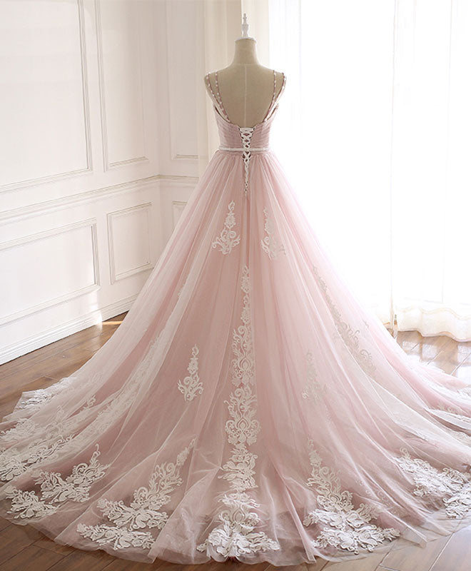 Pink Sweetheart Lace Tulle Long Prom Dress Lace Pink Evening Dress