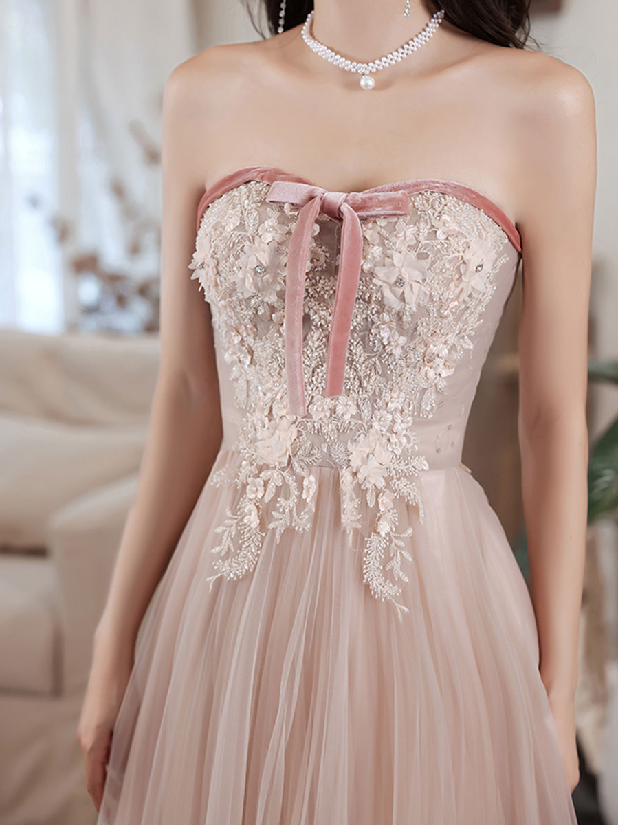 Champagne Tulle Lace Long Prom Dress, Champagne Evening Dress