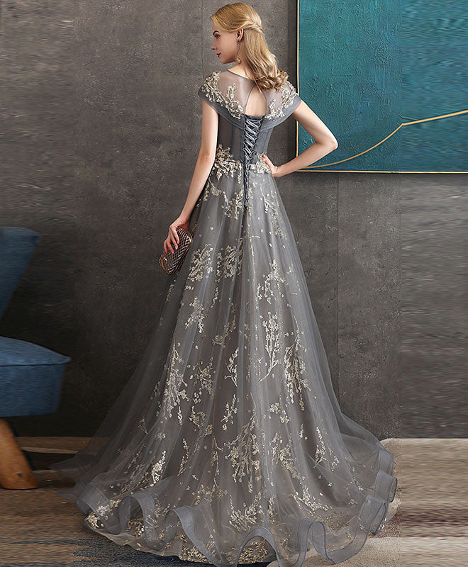 Gray Round Neck Tulle Lace Long Prom Dress Gray Tulle Formal Dress