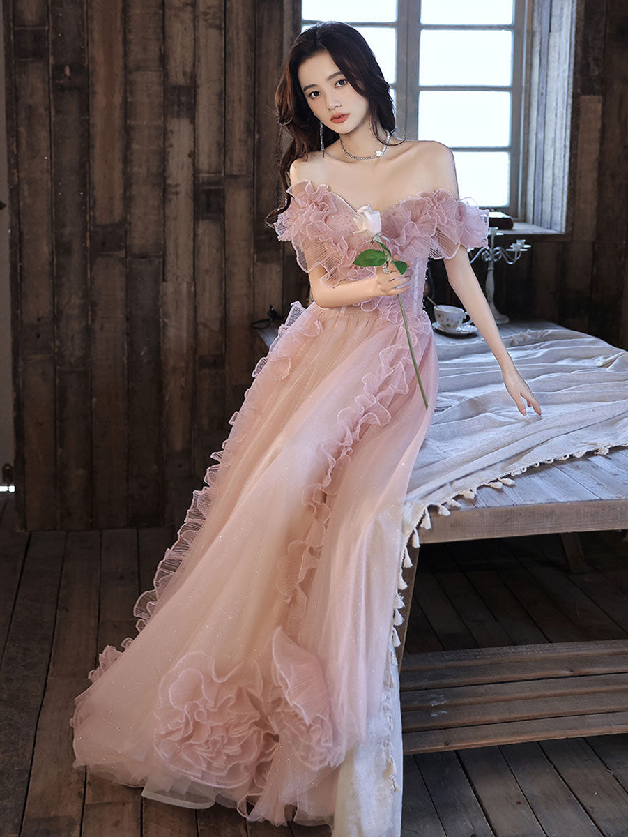Pink Tulle Off Shoulder Long Prom Dress, Pink Formal Graduation Dresses