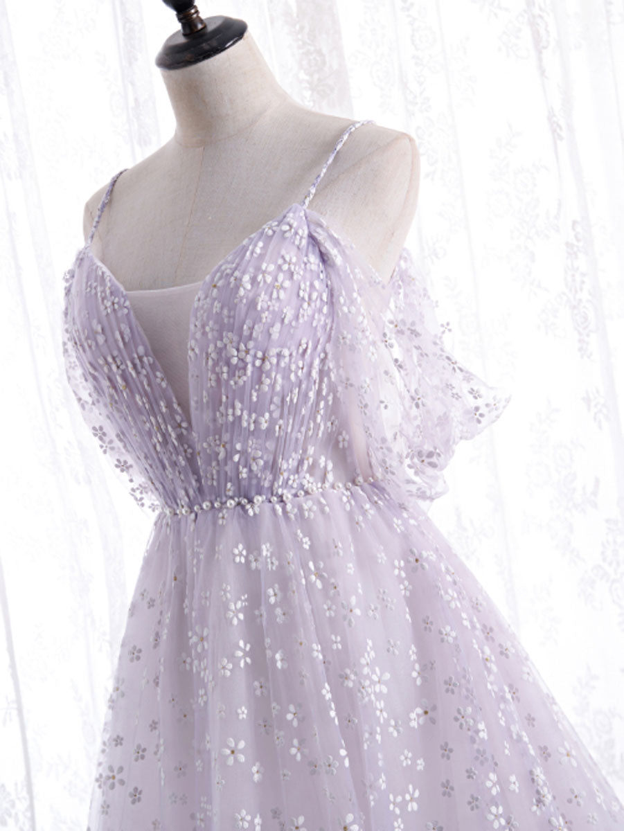 Purple tulle off shoulder long prom dress, purple evening dress