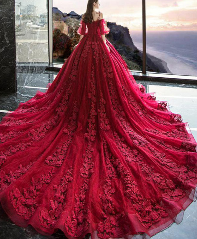 Burgundy Sweetheart Tulle Lace Long Evening Dress, Formal Dress