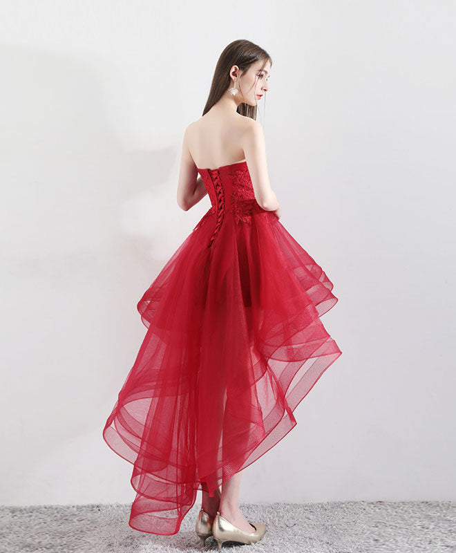 Burgundy Tulle Lace High Low Prom Dresses, Burgundy Tulle