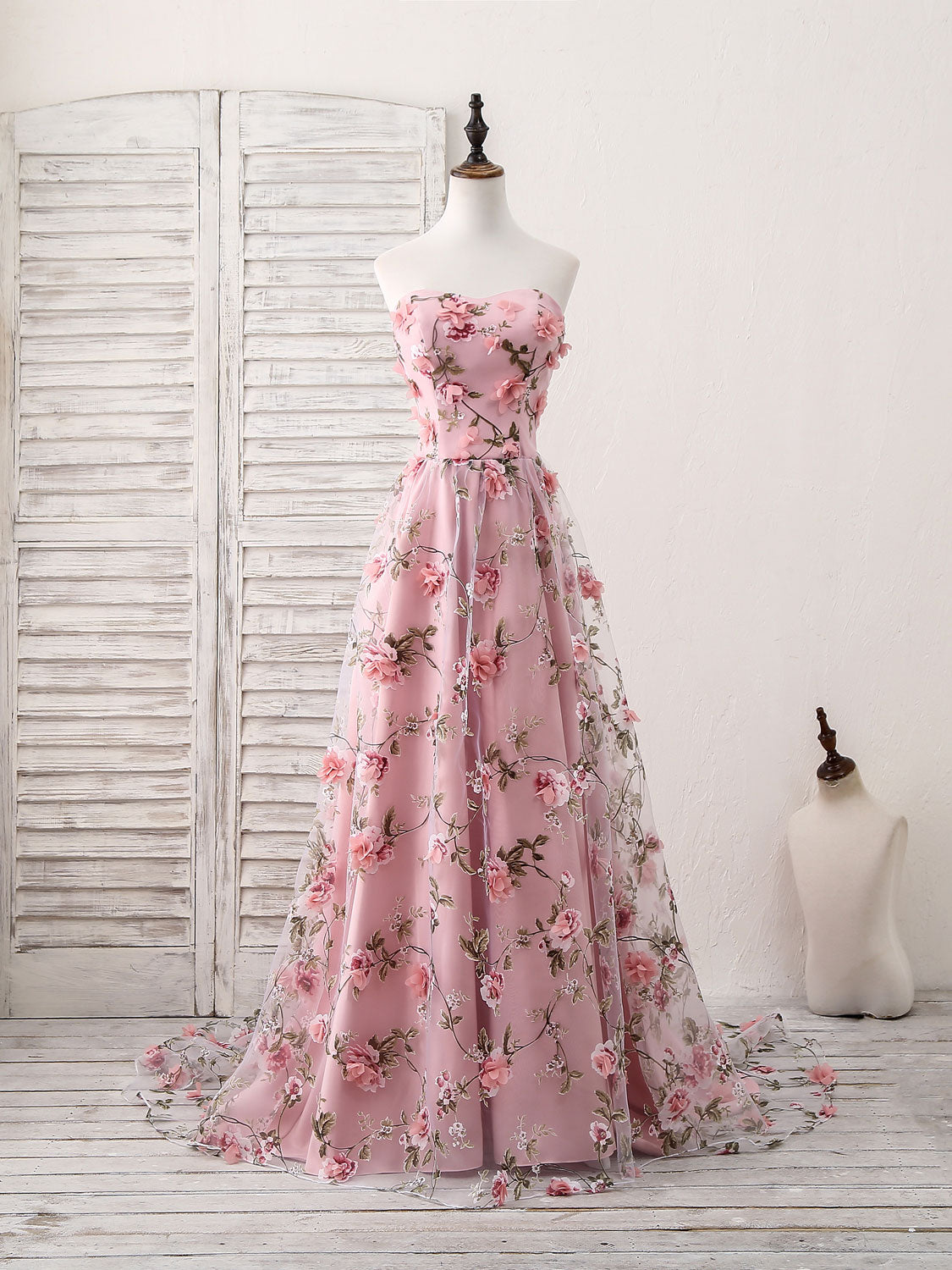 Pink Sweetheart Neck Tulle 3D Applique Long Prom Dress, Pink Evening Dress