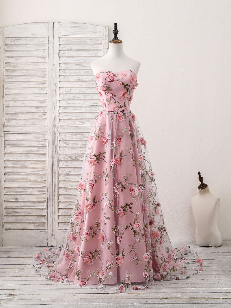 Pink Sweetheart Neck Tulle 3D Applique Long Prom Dress, Pink Evening D shopluu Pink Sweetheart Neck Tulle 3D Applique Long Prom Dress, Pink Evening D shopluu
