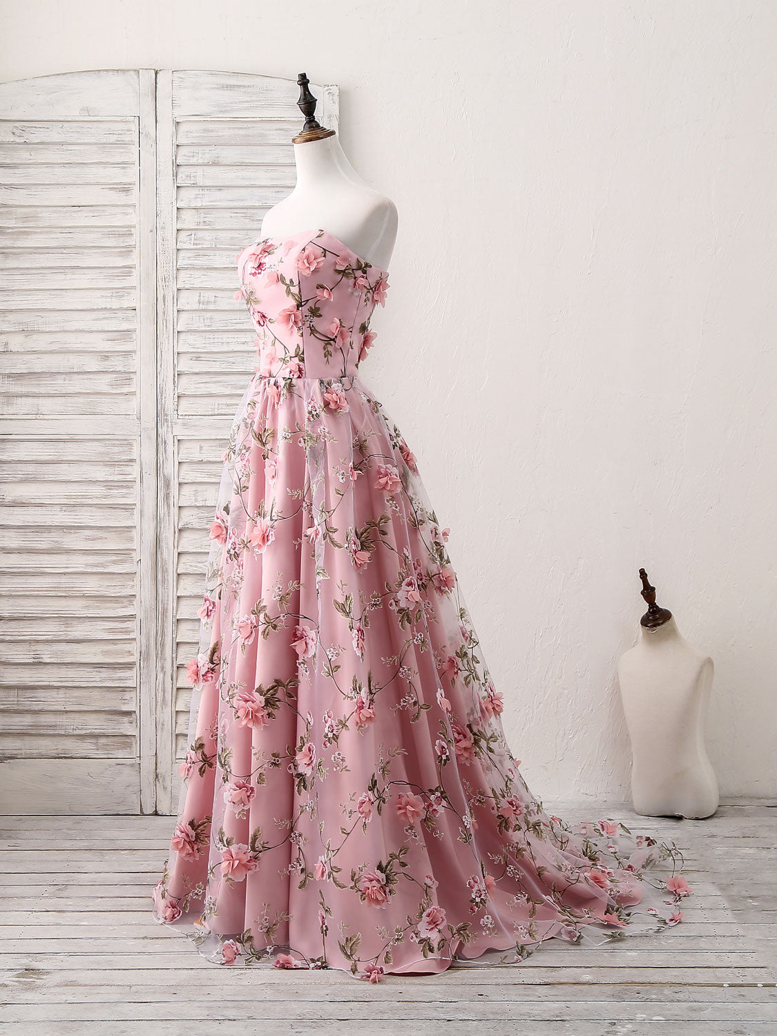 Pink Sweetheart Neck Tulle 3D Applique Long Prom Dress, Pink Evening Dress