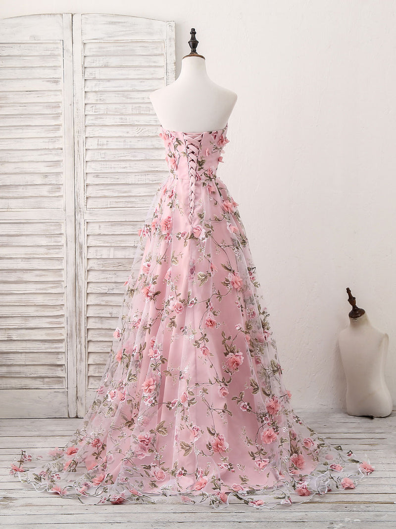 Pink Sweetheart Neck Tulle 3D Applique Long Prom Dress, Pink Evening D – shopluu Pink Sweetheart Neck Tulle 3D Applique Long Prom Dress, Pink Evening D – shopluu