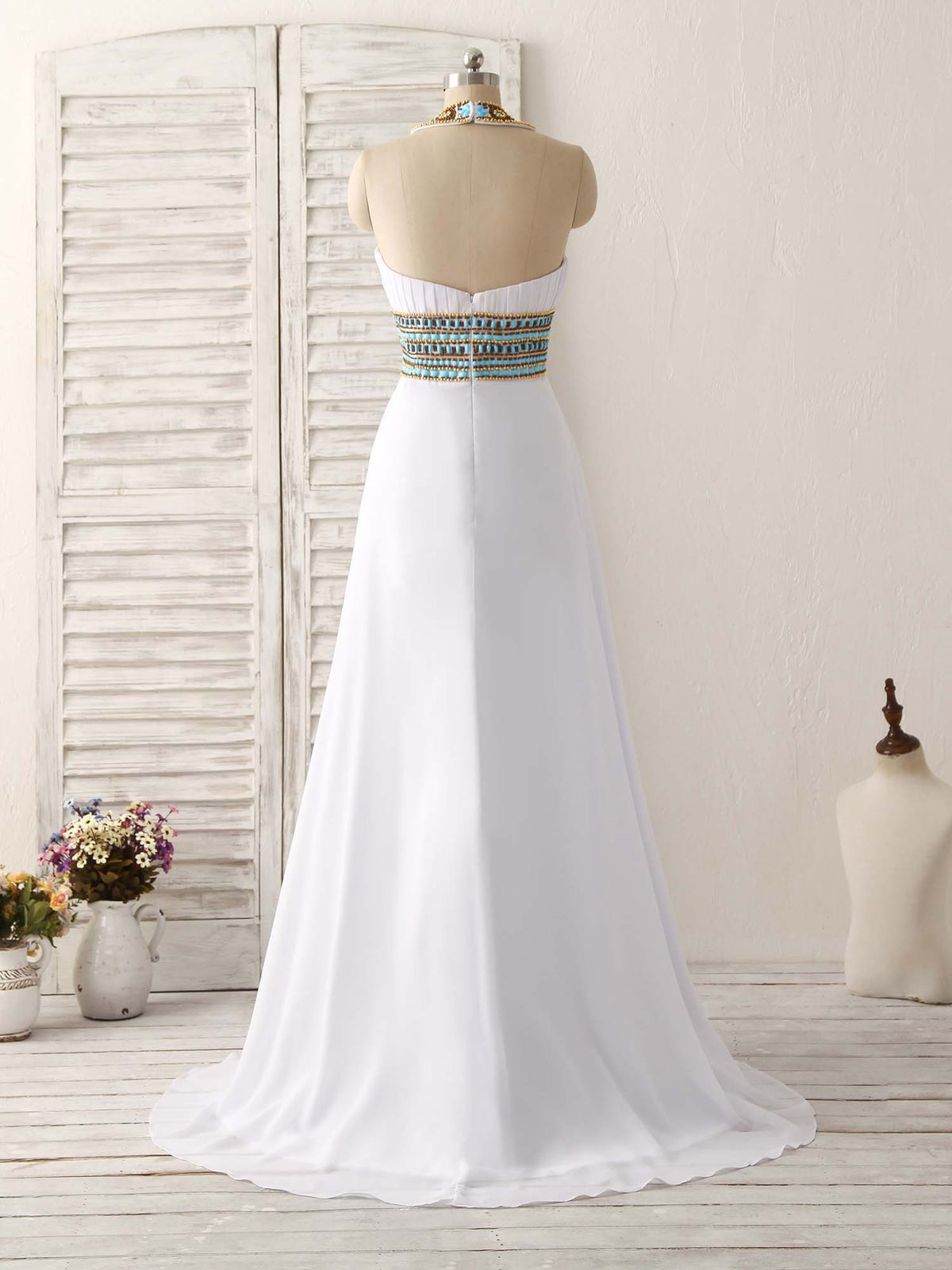 White Chiffon Beads Long Prom Dress, White Evening Dress