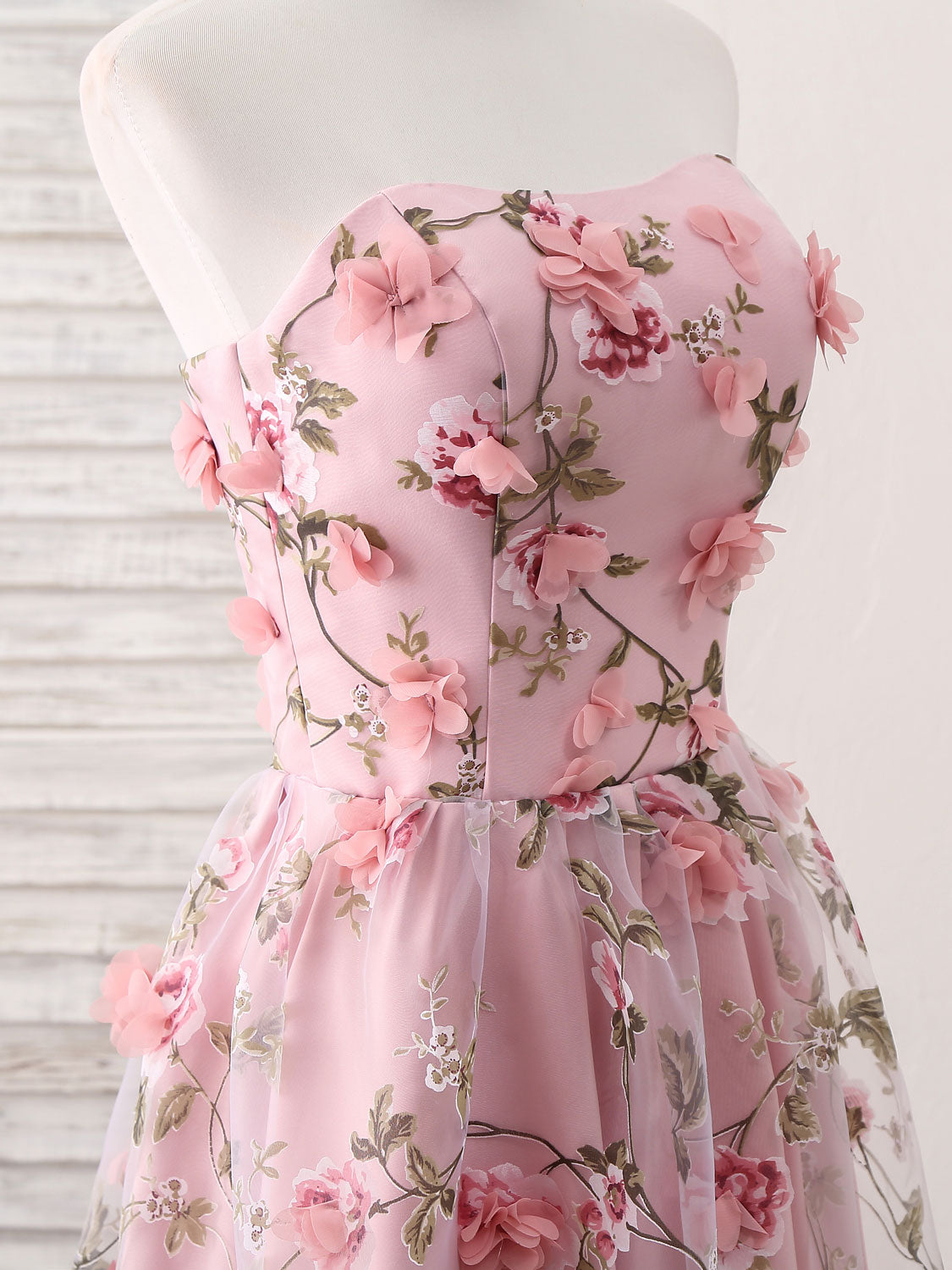 Pink Sweetheart Neck Tulle 3D Applique Long Prom Dress, Pink Evening Dress