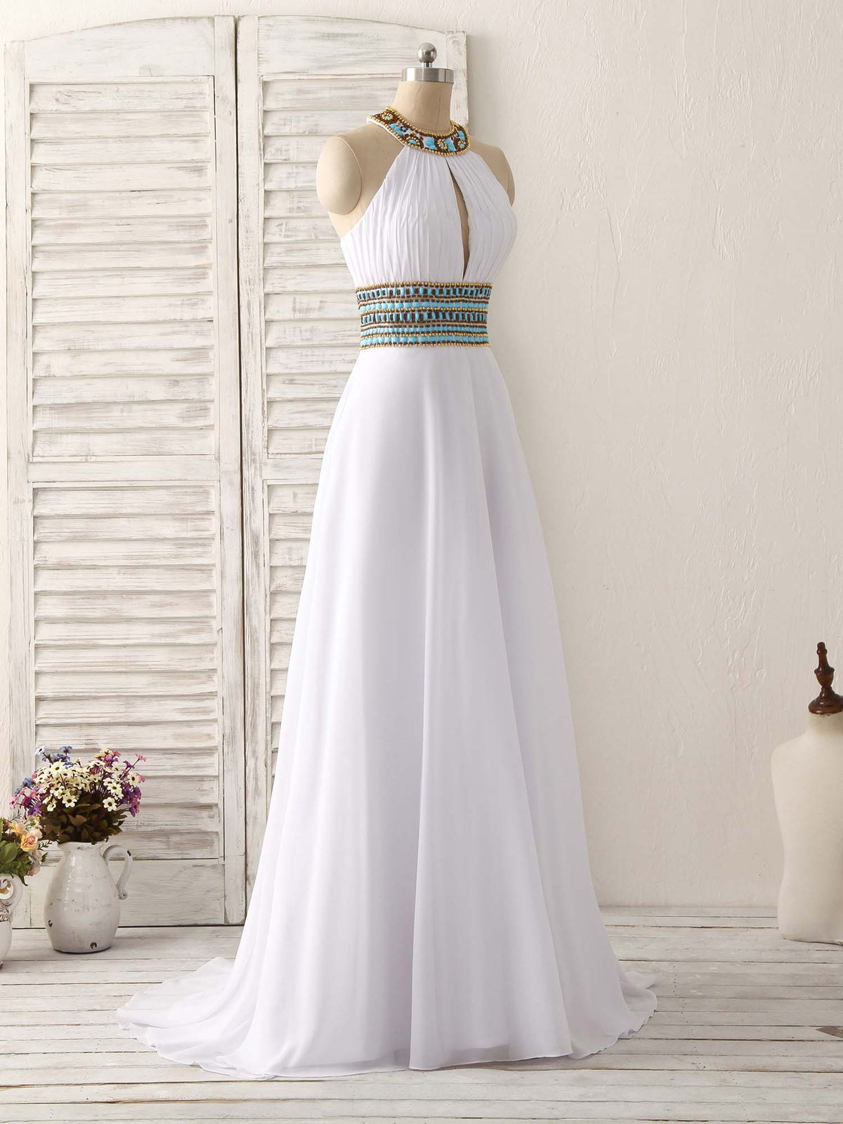 White Chiffon Beads Long Prom Dress, White Evening Dress