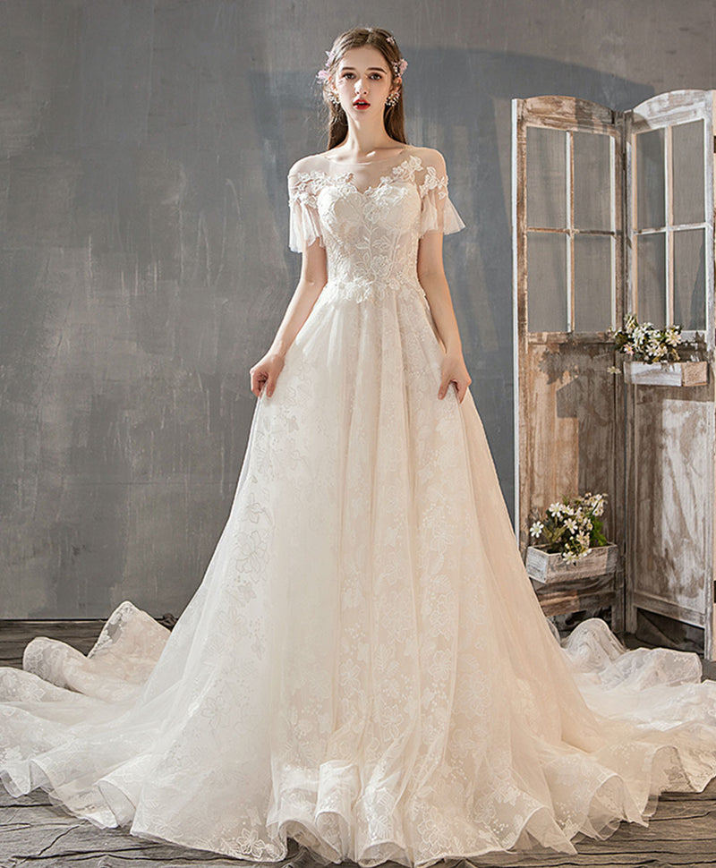 wedding dresses with lace and tulle Light Champagne Tulle Lace Long Wedding Dress, Lace Bridal Dress – shopluu