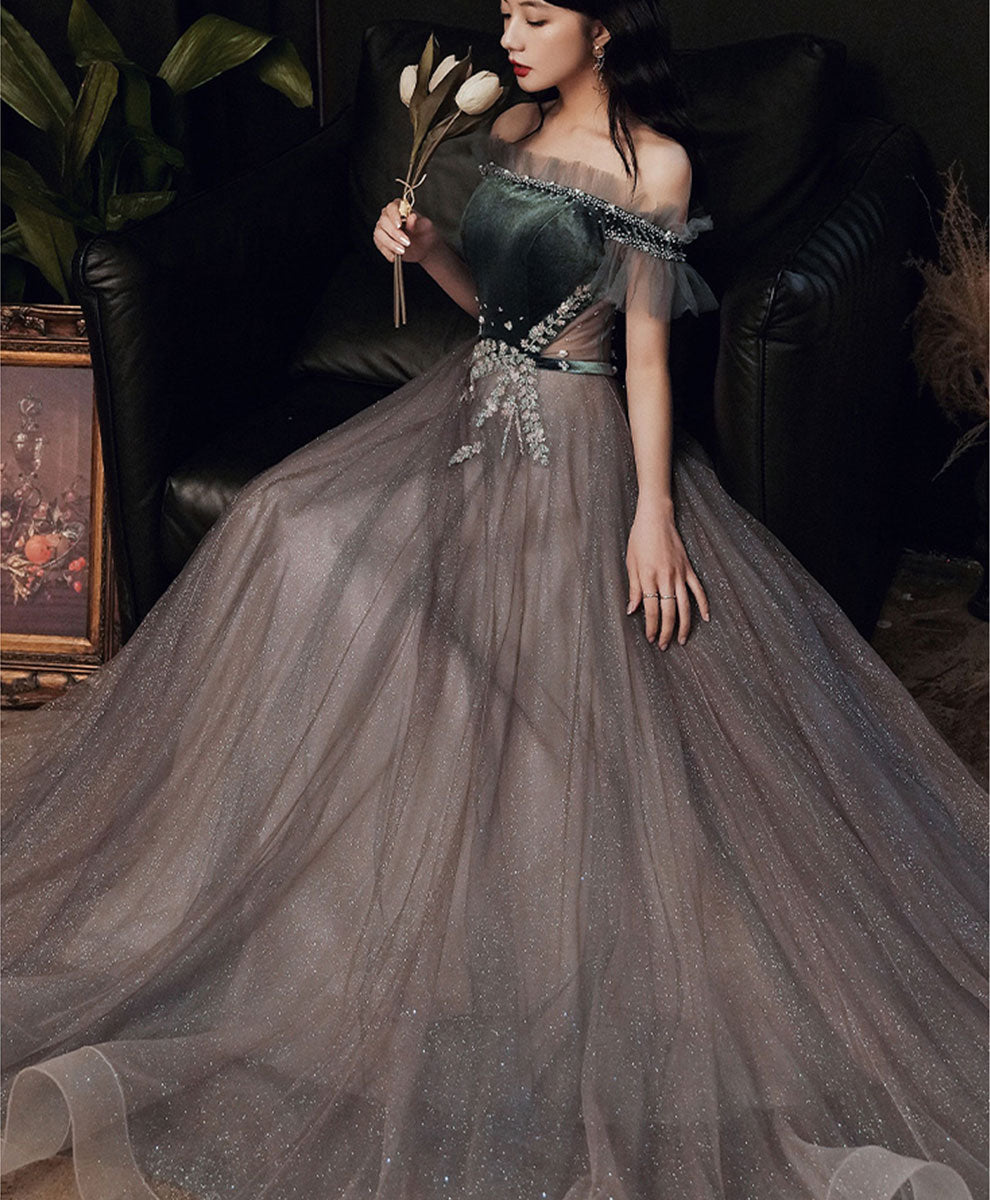 Green/Gray Sequin Long Prom Dresses, Green/Gray Formal Graduation Dress with Beading