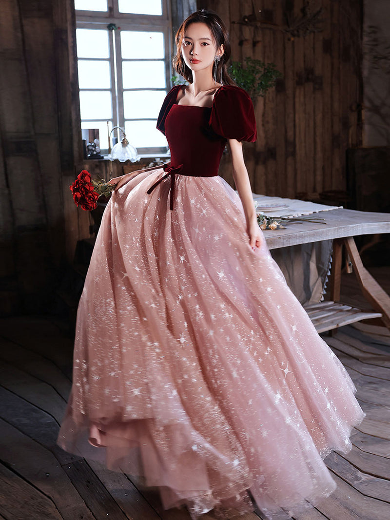 Burgundy velvet/tulle Long Prom Dresses, A line Tulle Formal Graduatio – shopluu