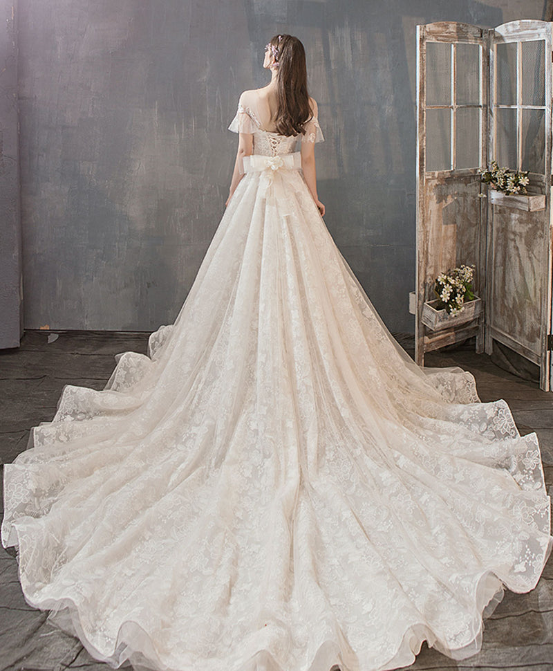 Light Champagne Tulle Lace Long Wedding Dress, Lace Bridal Dress shopluu Light Champagne Tulle Lace Long Wedding Dress, Lace Bridal Dress shopluu