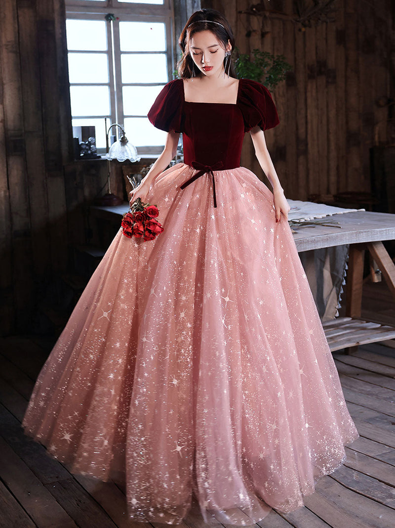 Burgundy velvet/tulle Long Prom Dresses, A line Tulle Formal Graduatio shopluu Burgundy velvet/tulle Long Prom Dresses, A line Tulle Formal Graduatio shopluu