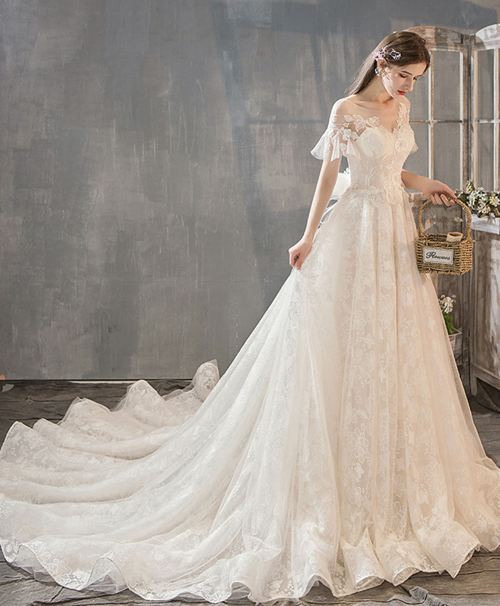 Light Champagne Tulle Lace Long Wedding Dress, Lace Bridal Dress