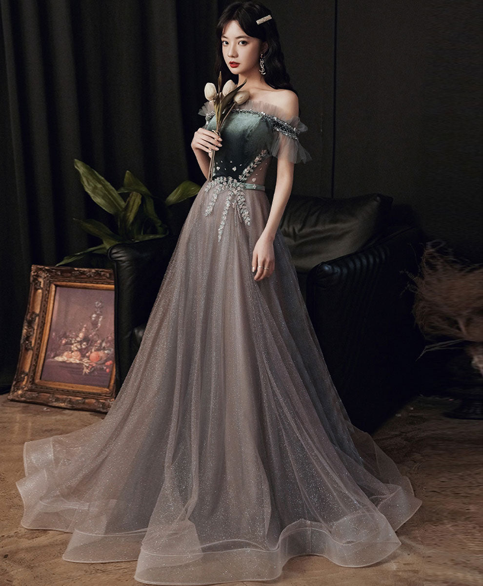 Green/Gray Sequin Long Prom Dresses, Green/Gray Formal Graduation Dress with Beading
