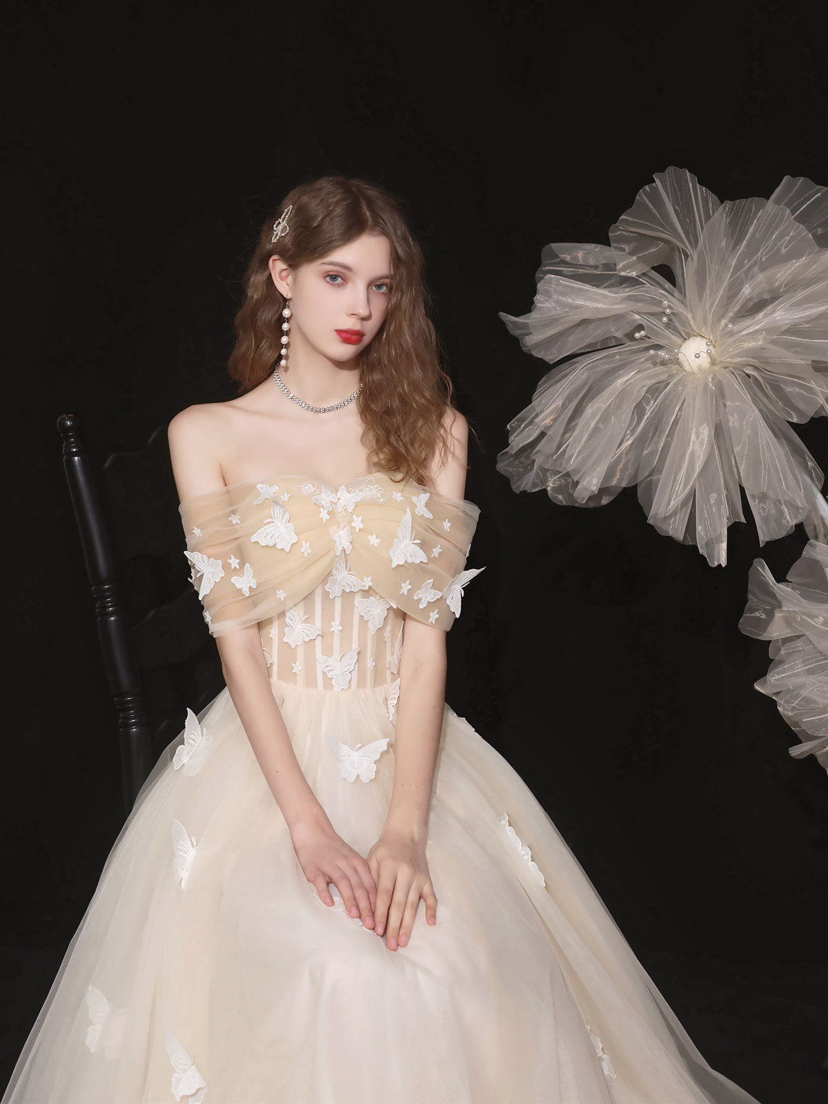 Champagne Tulle Lace Applique Long Prom Dress, Tulle Lace Evening Dress