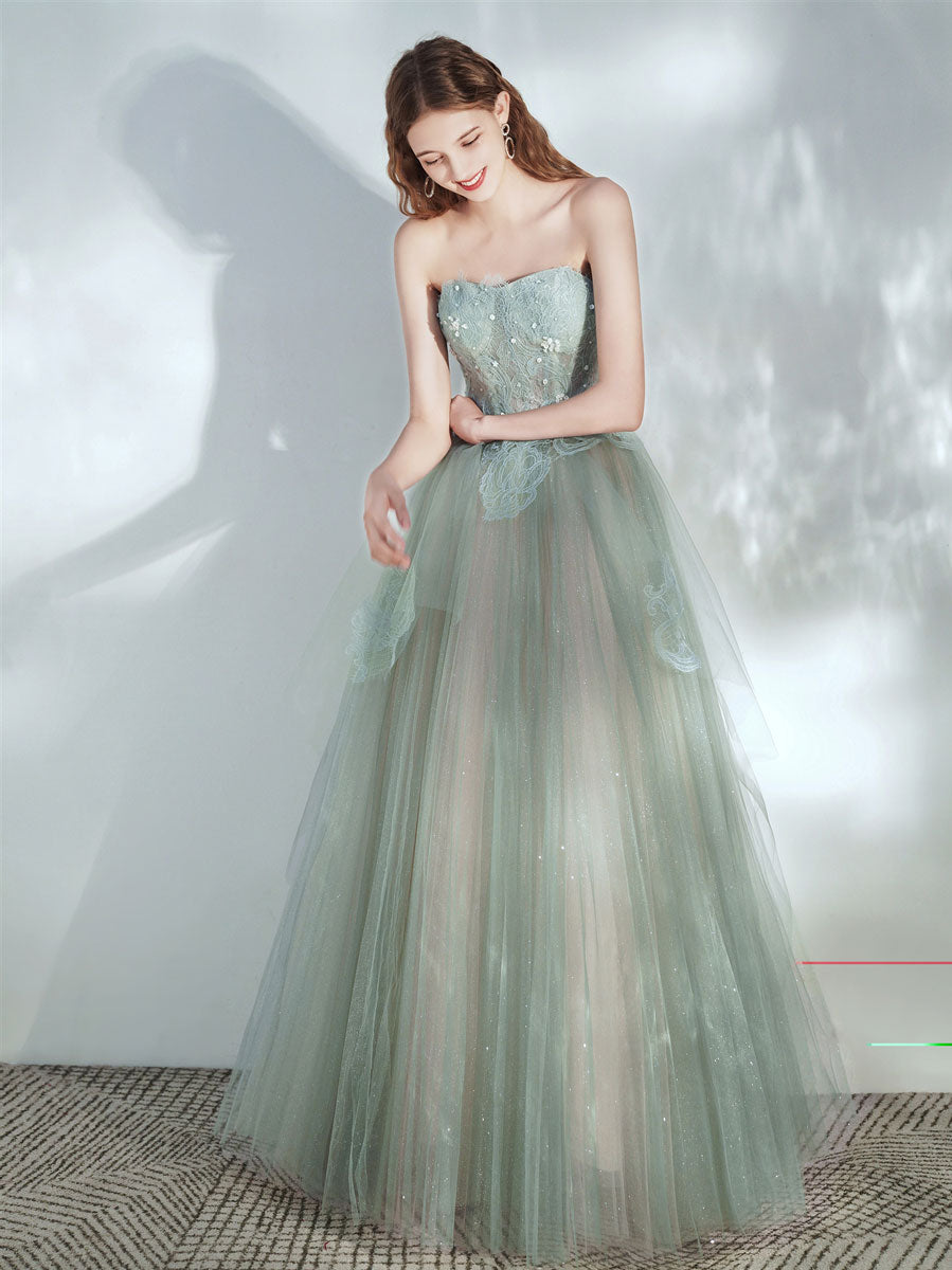 Green Tulle Lace Long Prom Dress, Green Tulle Evening Dress