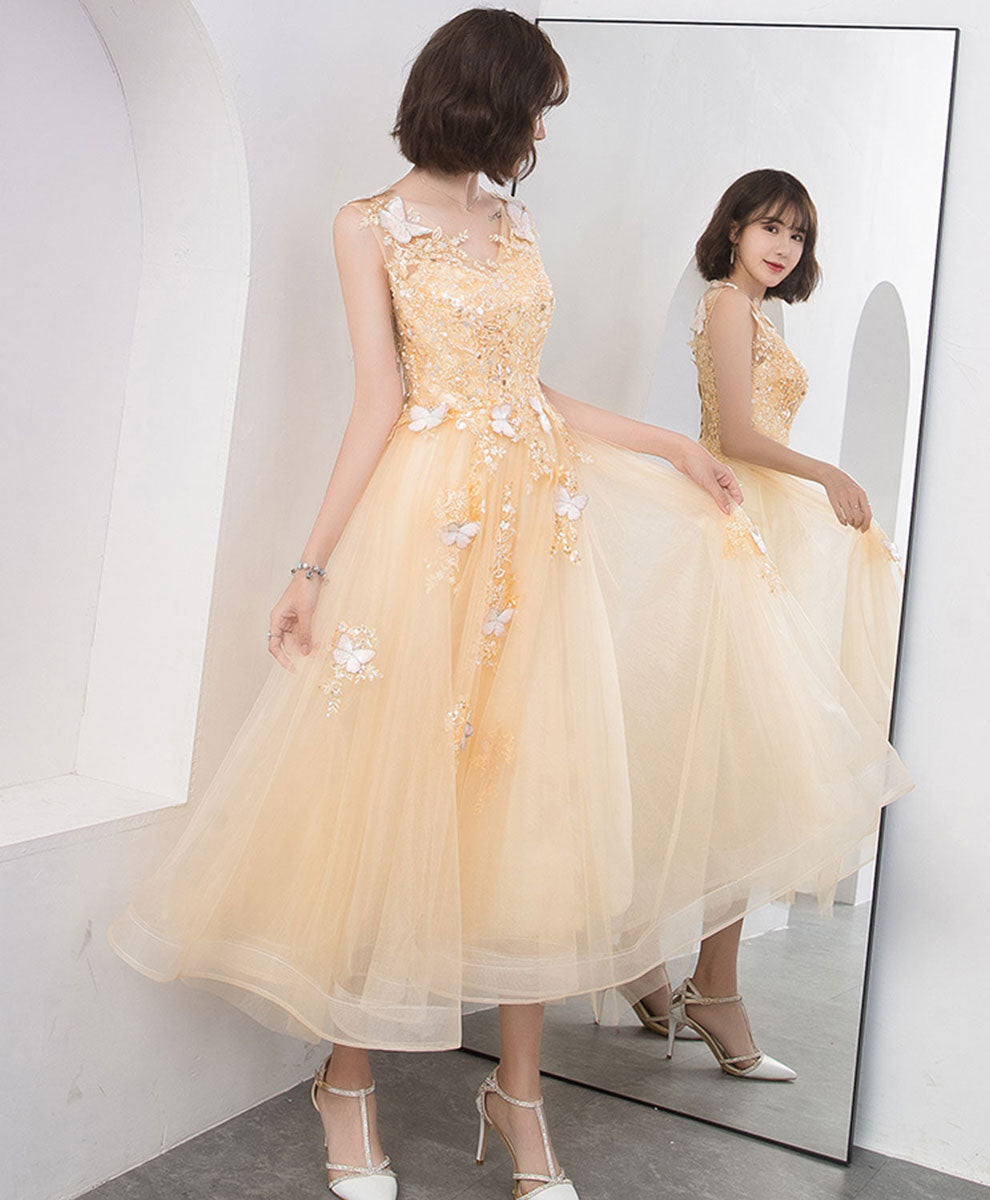 Champagne Lace Tulle Short Prom Dress, Champagne Lace Homecoming Dress