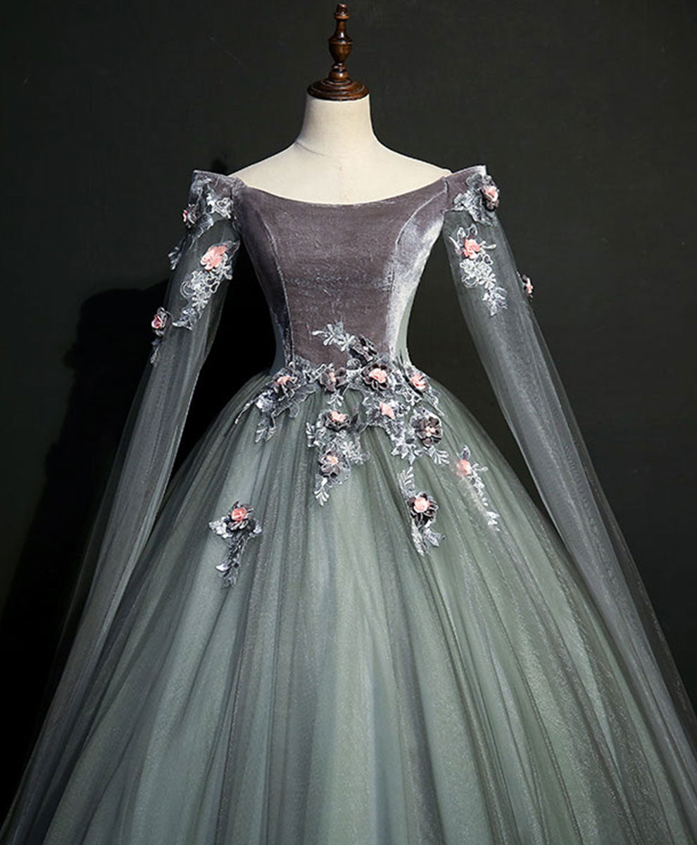 Gray Green Tulle Lace Long Prom Dress Gray Tulle Formal Dress