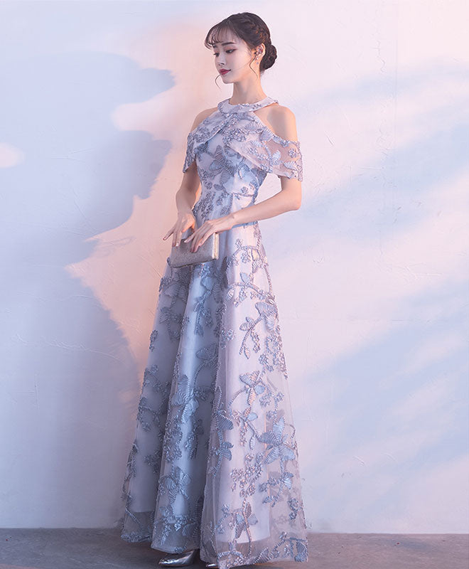 Gray Lace Long Prom Dress, Gray Lace Bridesmaid Dress shopluu Gray Lace Long Prom Dress, Gray Lace Bridesmaid Dress shopluu