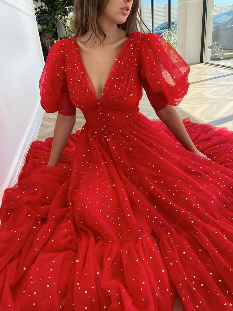 Red V Neck Tulle Tea Length Prom Dress, Red Evening Dress – shopluu