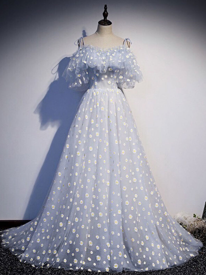 ladies tulle dress Blue Tulle Long Prom Dresses, Cute A-Line Evening Dresses US 2 / Blue