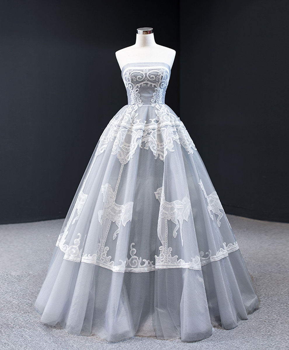 Gray Sweetheart Tulle Lace Long Prom Dress Gray Tulle Formal Dress