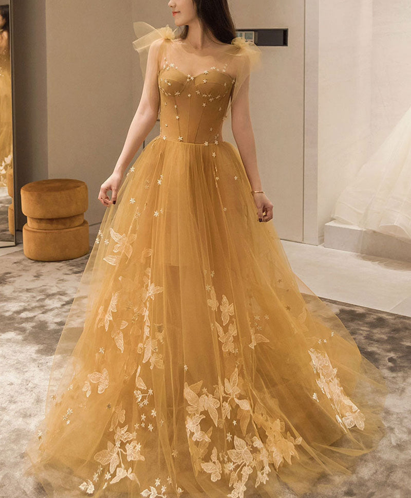 Champagne Tulle Lace Long Prom Dress, Tulle Lace Evening Dress Champagne Tulle Lace Long Prom Dress, Tulle Lace Evening Dress