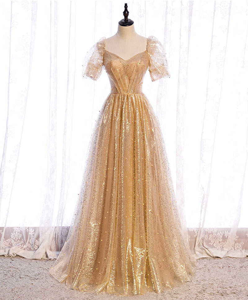 Gold Aline Tulle V Neck Long Prom Dress, Gold Formal Dresses shopluu Gold Aline Tulle V Neck Long Prom Dress, Gold Formal Dresses shopluu